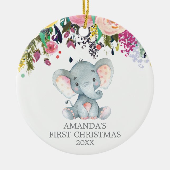 Cute Elephant Flicka Första julhelgen Rosa Julgransprydnad Keramik (Framsidan)