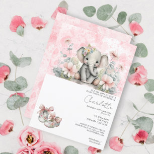 Cute Elephant Flicka med Blommor Baby Shower Inbjudningar