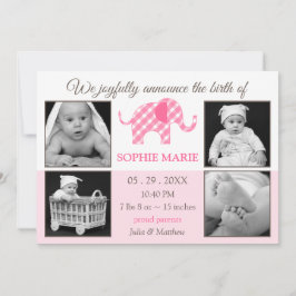Cute Elephant Flicka Photo Birth Notice Meddelande