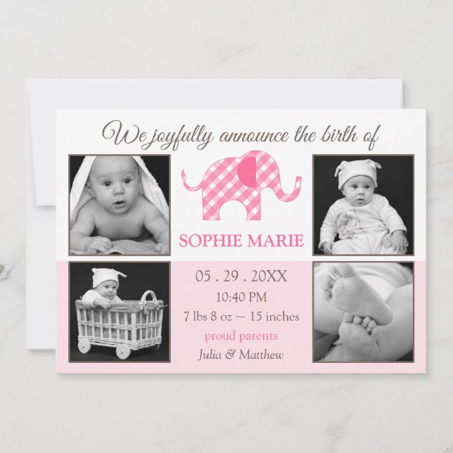 Cute Elephant Flicka Photo Birth Notice Meddelande (Framsida)