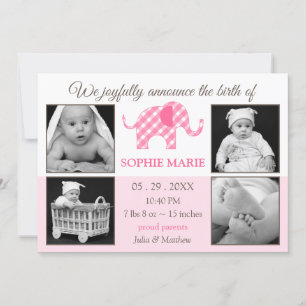 Cute Elephant Flicka Photo Birth Notice Meddelande