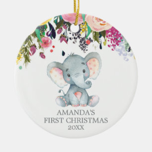 Cute Elephant Flicka Rosa första jul Julgransprydnad Keramik