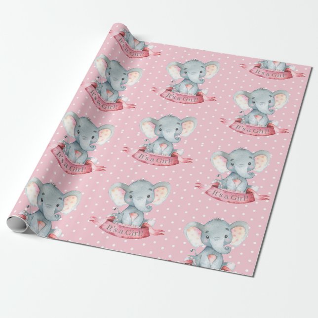 Cute Elephant Flicka Rosa och Grått Presentpapper (Utrullad)
