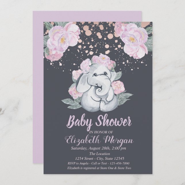 Cute Elephant,Flowers Light Lila Baby Shower Inbjudningar (Fram/baksida)