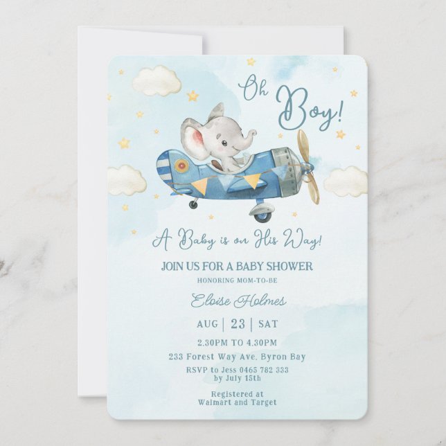 Cute Elephant Flygplan Airplane Himlar Boy Shower Inbjudningar (Framsida)