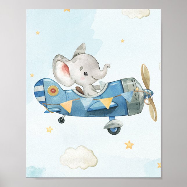 Cute Elephant Flygplan Äventyr Blå himmel Poster (Framsidan)
