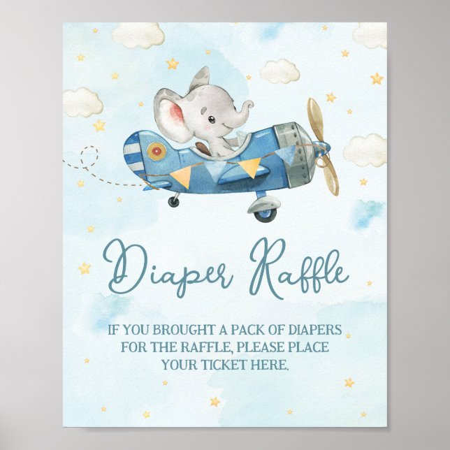 Cute Elephant Flygplan Äventyr Blue Diaper Raffle Poster (Framsidan)
