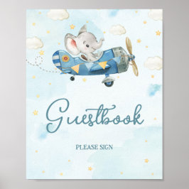 Cute Elephant Flygplan Äventyr Blue Guestbook-teck Poster