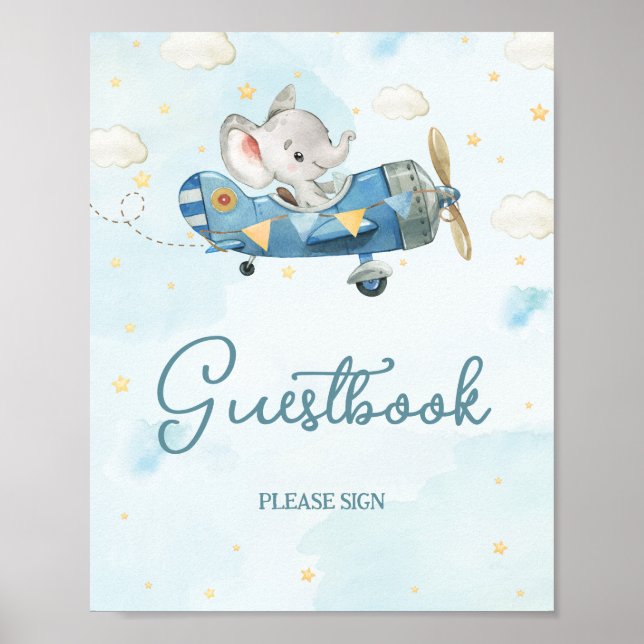 Cute Elephant Flygplan Äventyr Blue Guestbook-teck Poster (Framsidan)
