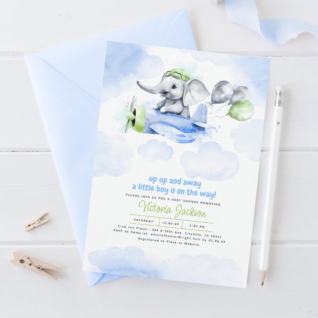 Cute Elephant & Flygplan Blue Grönt Grått Baby Sho Inbjudningar (Skapare uppladdad)