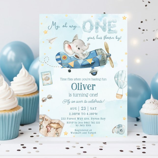 Cute Elephant Flygplan Time flyger en första födel Inbjudningar (cute elephant riding blue airplane adventure time flies 1st first birthday invitation turning one)