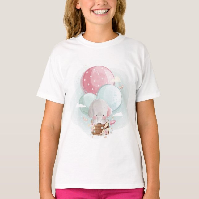 Cute Elephant Flying with Balloons T Shirt (Framsida)