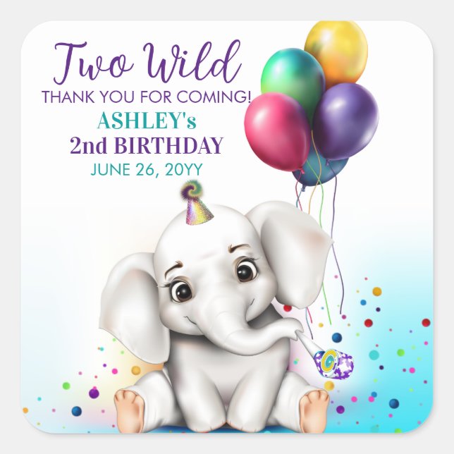 Cute Elephant Födelsedagsfest Fyrkantigt Klistermärke (Framsida)