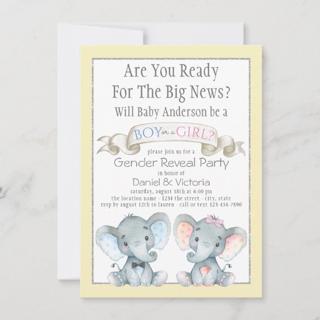 Cute Elephant Gender Reveal Baby Shower-inbjudan Inbjudningar (Framsida)