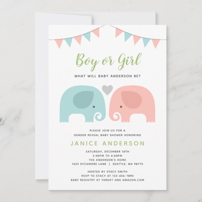 Cute Elephant Gender Reveal bjudan Inbjudningar (Framsida)