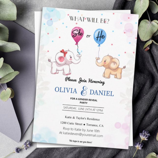 Cute Elephant Gender Reveal Inbjudningar (Skapare uppladdad)
