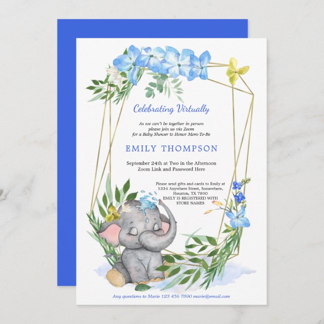Cute Elephant Geometric Blue Virtuell Baby Shower Inbjudningar (Fram/baksida)