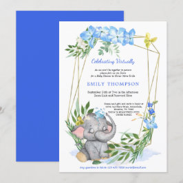 Cute Elephant Geometric Blue Virtuell Baby Shower Inbjudningar