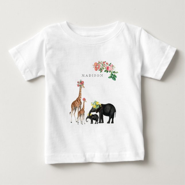 Cute Elephant & Giraffe Blommigt Anpassningsbar Ba T Shirt (Framsida)