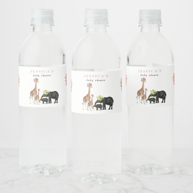 Cute Elephant & Giraffe Blommigt Baby Shower Girl Vattenflaskor Etikett (Flaskor)