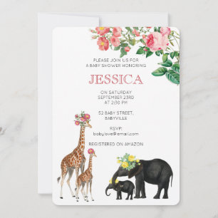Cute Elephant & Giraffe Blommigt Flicka Shower Inbjudningar