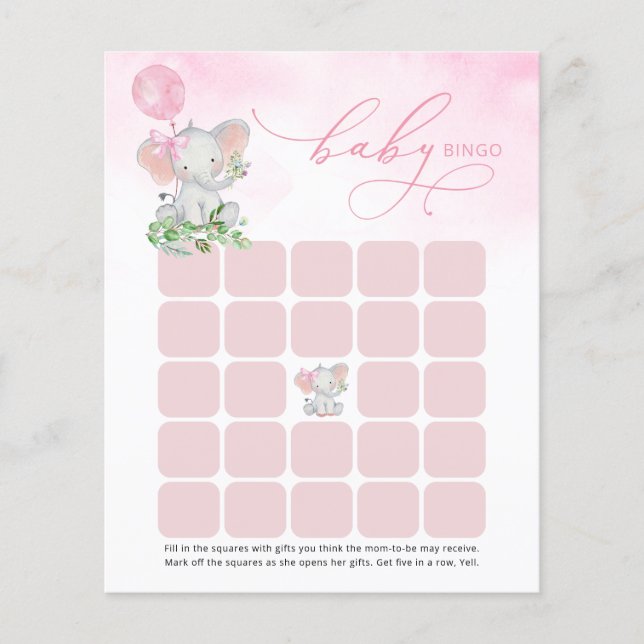 Cute Elephant Girl Baby Shower Bingo Card (Framsida)