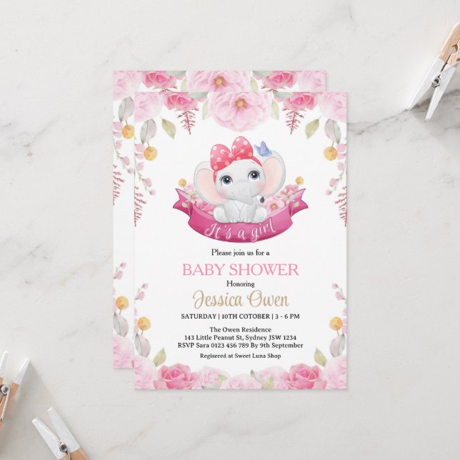Cute Elephant Girl Baby Shower-inbjudan Inbjudningar (Fram/Back In Situ)