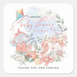 Cute Elephant Girl Baby Shower Picnic Tack Fyrkantigt Klistermärke