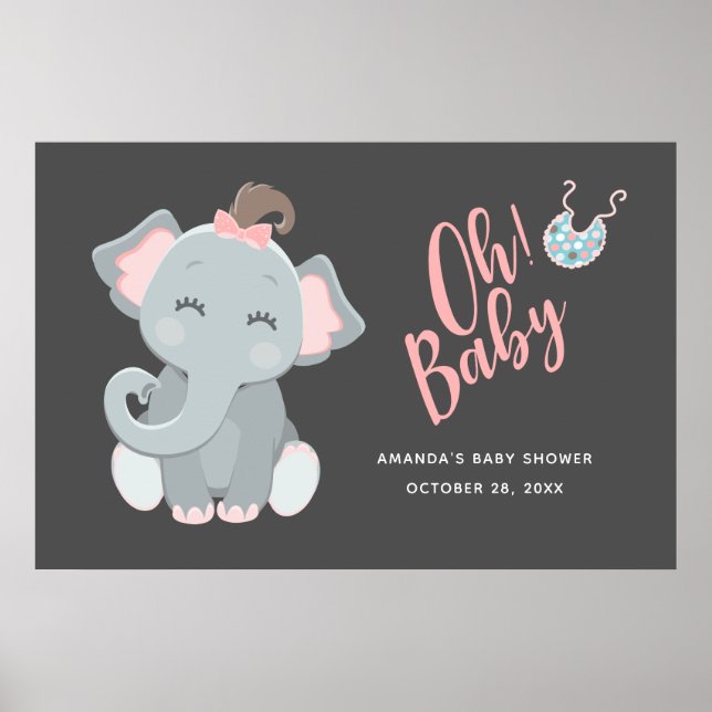 Cute Elephant Girl Baby Shower Poster (Framsidan)