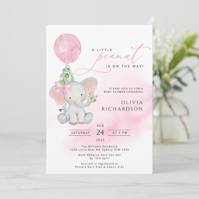 Cute Elephant Girl Balloon Baby Shower-inbjudan Inbjudningar (Stående Fram)