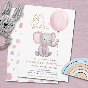 Cute Elephant Girl Balloon Baby Shower Inbjudningar