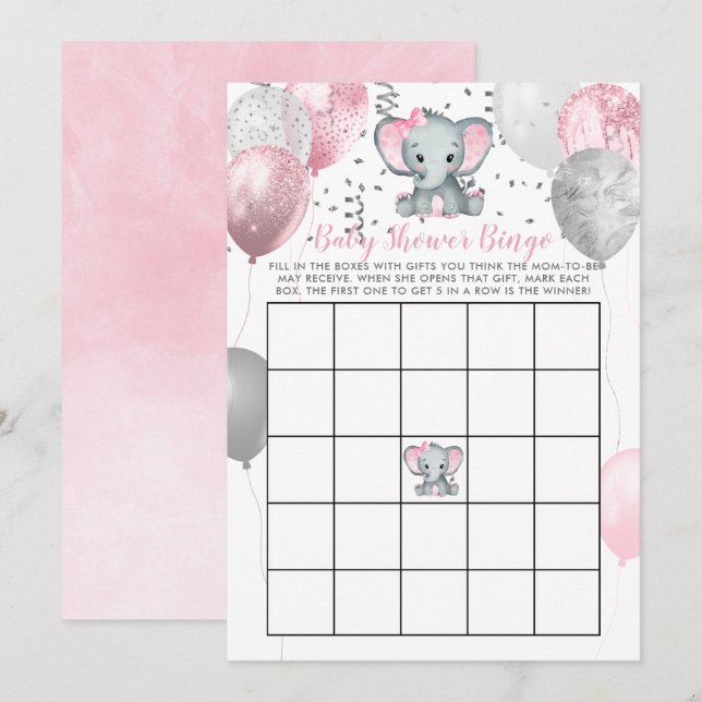 Cute Elephant Girl Balloons Baby Shower Bingo Card Inbjudningar (Fram/baksida)