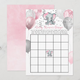 Cute Elephant Girl Balloons Baby Shower Bingo Card Inbjudningar