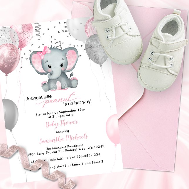 Cute Elephant Girl Balloons Baby Shower Inbjudningar (Cute Elephant Girl Balloons Baby Shower Invitation)