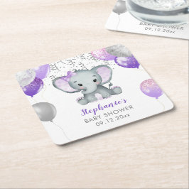 Cute Elephant Girl Balloons Baby Shower Underlägg Papper Kvadrat