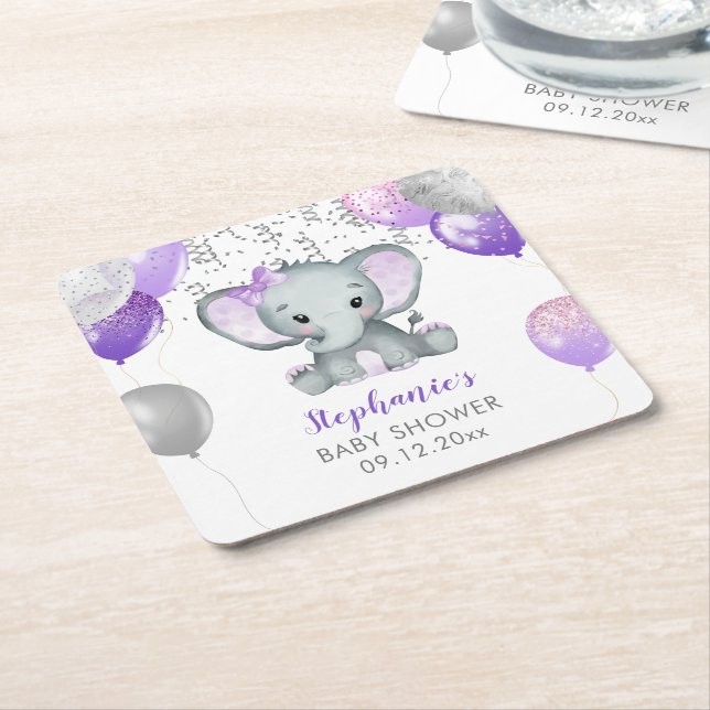 Cute Elephant Girl Balloons Baby Shower Underlägg Papper Kvadrat (Vinklad)