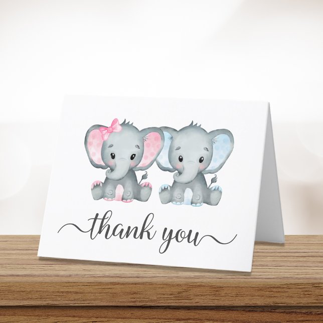 Cute Elephant Girl Boy Twillingars Baby Shower Tack Kort (Skapare uppladdad)