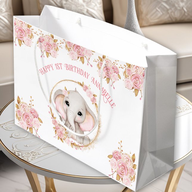 Cute Elephant Girl Rosa White 1 Birthday (Cute Elephant Girl Pink White 1st Birthday Large Gift Bag)