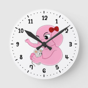 Cute elephant Girl tecknad runt klockan Rund Klocka
