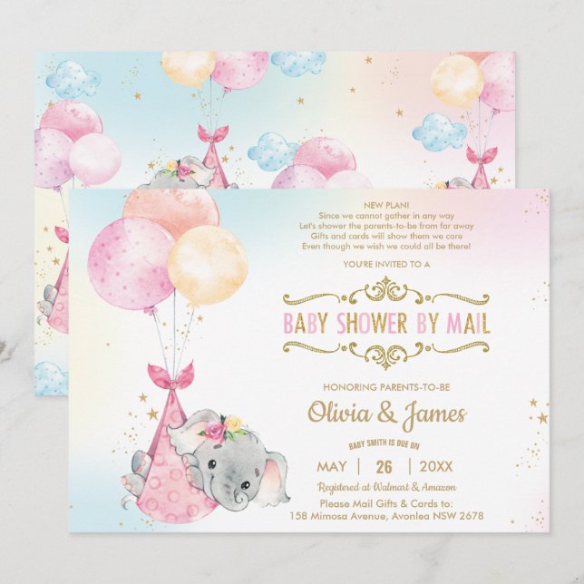 Cute Elephant Girl Virtuell Baby Shower by Mail Inbjudningar (Fram/baksida)