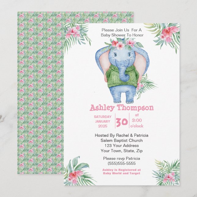 Cute Elephant Girls Baby Shower Inbjudningar (Fram/baksida)