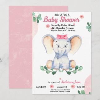 Cute Elephant Girls Baby Shower Inbjudningar