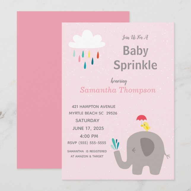 Cute Elephant Girls Rosa Baby Sprinkle Shower Inbjudningar (Fram/baksida)