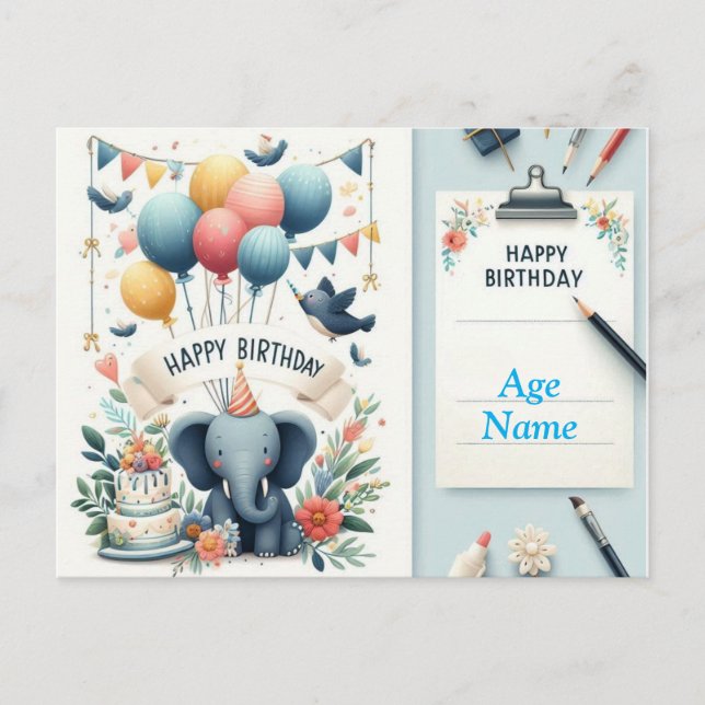 Cute Elephant Grattis på födelsedagen Card - ballo Vykort (Framsida)