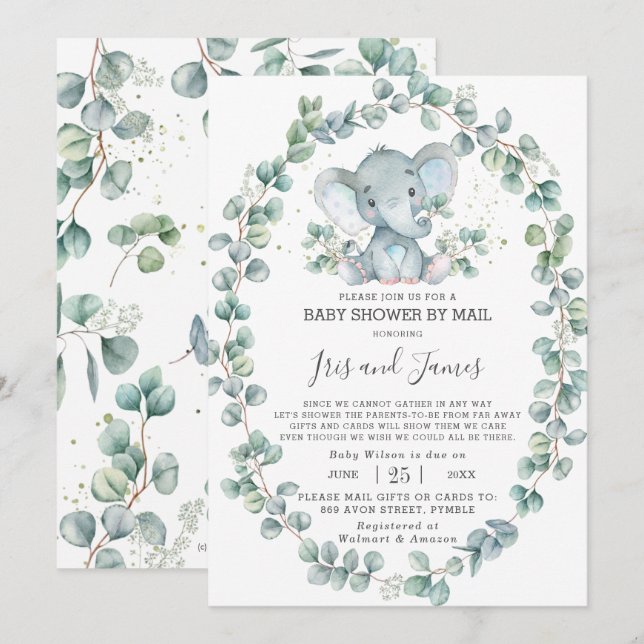 Cute Elephant Greenery Baby Shower by Mail Boy Inbjudningar (Fram/baksida)