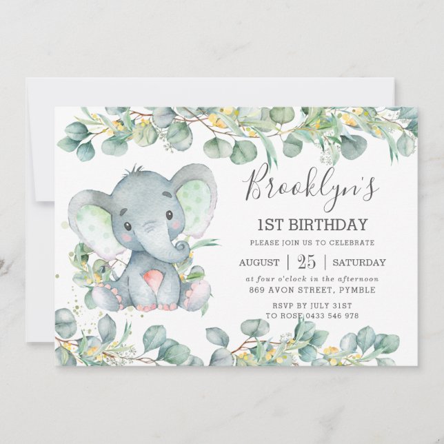Cute Elephant Greenery Eucalyptus Birthday Inbjudningar (Framsida)