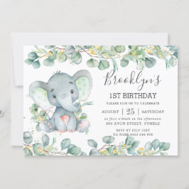 Cute Elephant Greenery Eucalyptus Birthday Inbjudningar