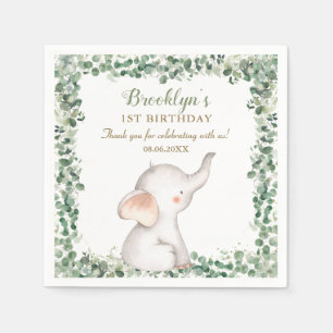 Cute Elephant Greenery Gender Neutral 1:a födelsed Pappersservett