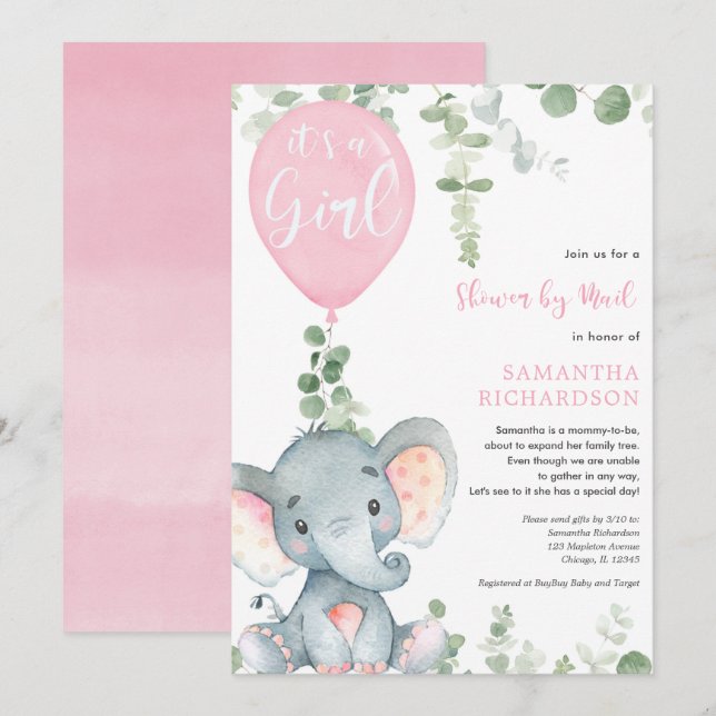 Cute elephant greenery girl dusch by mail inbjudningar (Fram/baksida)
