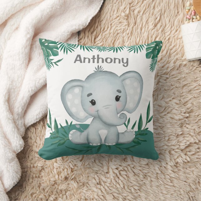 Cute Elephant Greenery Namn Kids Kudde (Filt)